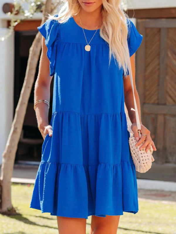 Fashion Pleated Loose Solid Color Short Sleeve Dress kakaclo