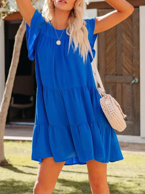 Fashion Pleated Loose Solid Color Short Sleeve Dress kakaclo