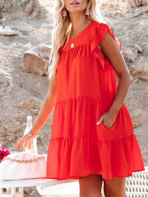 Fashion Pleated Loose Solid Color Short Sleeve Dress kakaclo