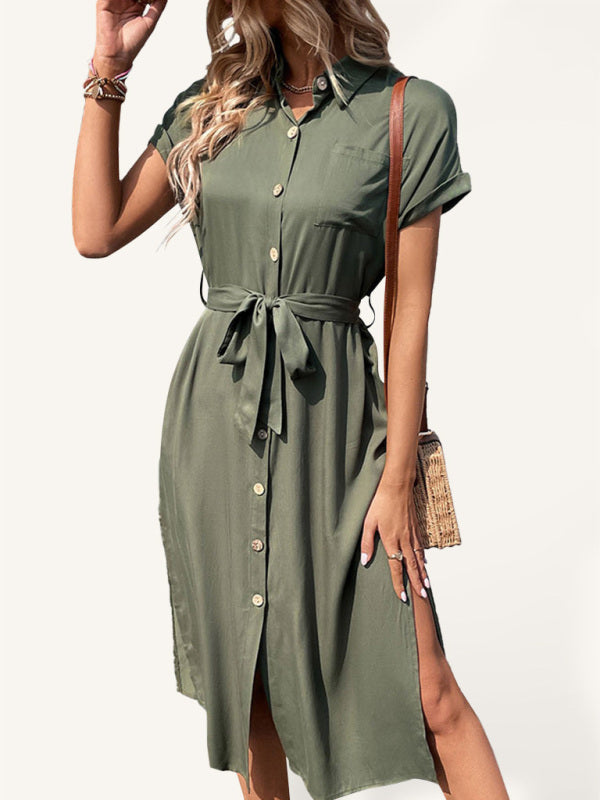Shirt skirt European and American lapel tie tie solid color dress kakaclo