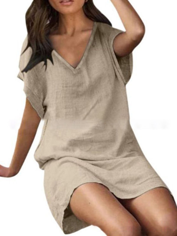 Blue Zone Planet | Cotton linen solid color loose V-neck short-sleeved dress BLUE ZONE PLANET