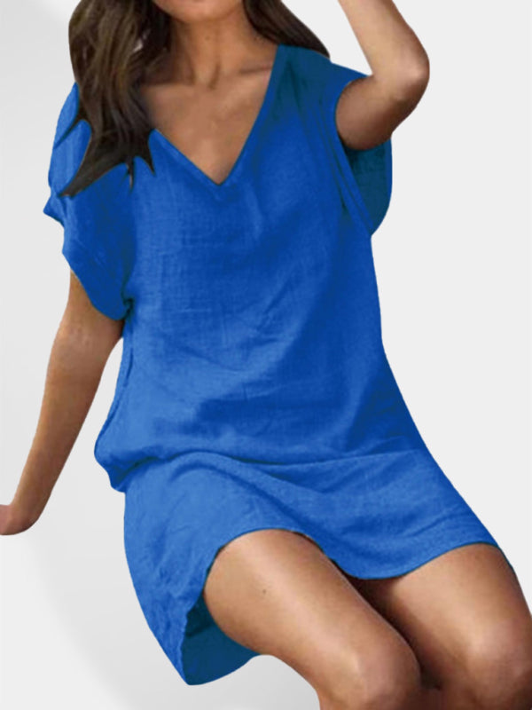 Blue Zone Planet | Cotton linen solid color loose V-neck short-sleeved dress BLUE ZONE PLANET