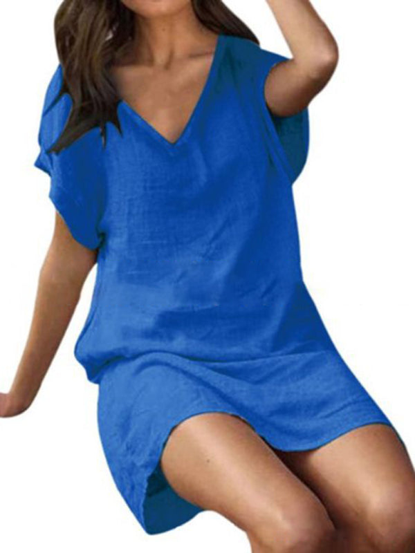 Blue Zone Planet | Cotton linen solid color loose V-neck short-sleeved dress BLUE ZONE PLANET