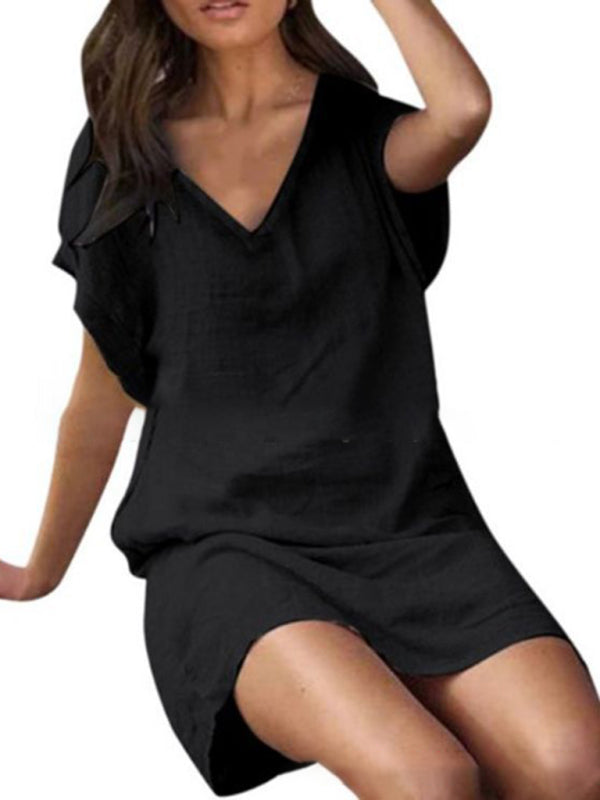 Blue Zone Planet | Cotton linen solid color loose V-neck short-sleeved dress BLUE ZONE PLANET