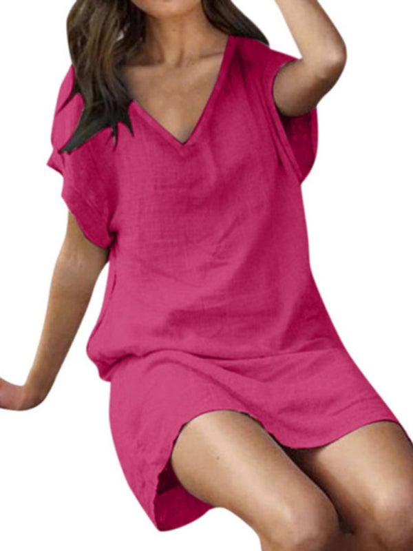 Blue Zone Planet | Cotton linen solid color loose V-neck short-sleeved dress BLUE ZONE PLANET