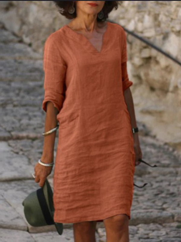 cotton and linen solid color slim V-neck mid-sleeved dress kakaclo