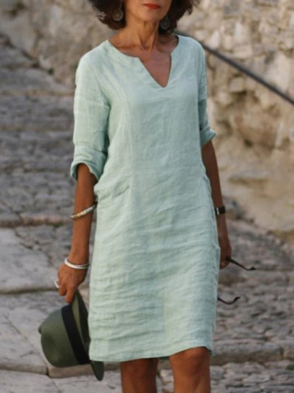 cotton and linen solid color slim V-neck mid-sleeved dress kakaclo