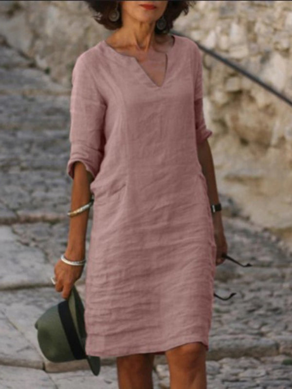 cotton and linen solid color slim V-neck mid-sleeved dress kakaclo