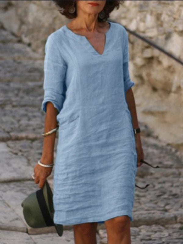 cotton and linen solid color slim V-neck mid-sleeved dress kakaclo