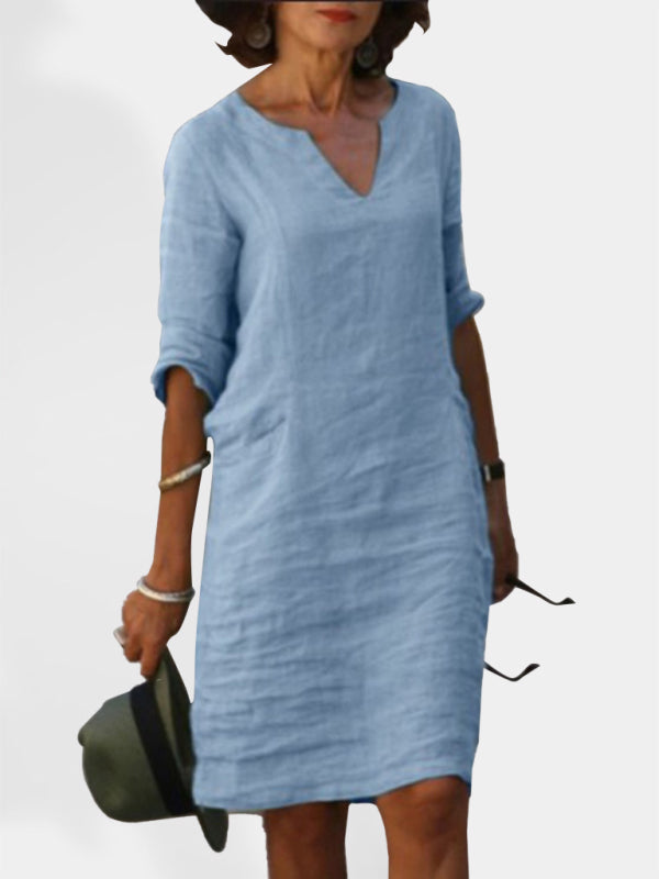 cotton and linen solid color slim V-neck mid-sleeved dress kakaclo