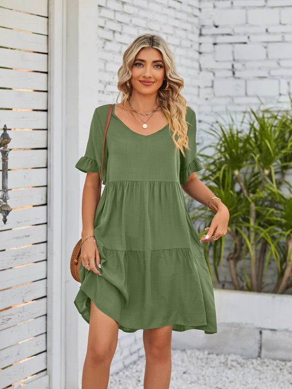 Summer V-Neck Babydoll Three Layer Pleated Dress kakaclo