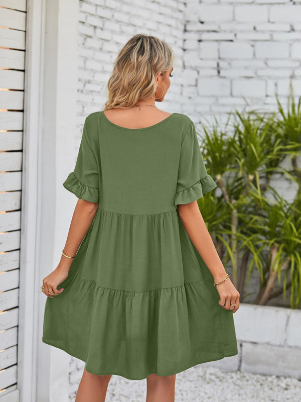 Summer V-Neck Babydoll Three Layer Pleated Dress kakaclo