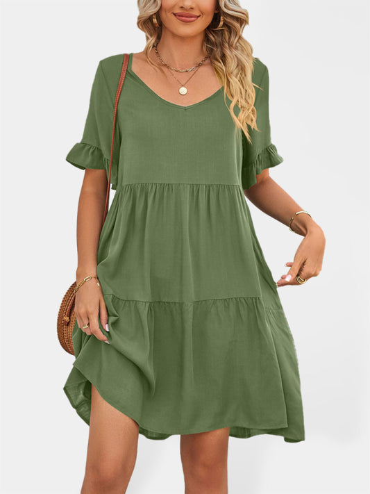 Summer V-Neck Babydoll Three Layer Pleated Dress kakaclo