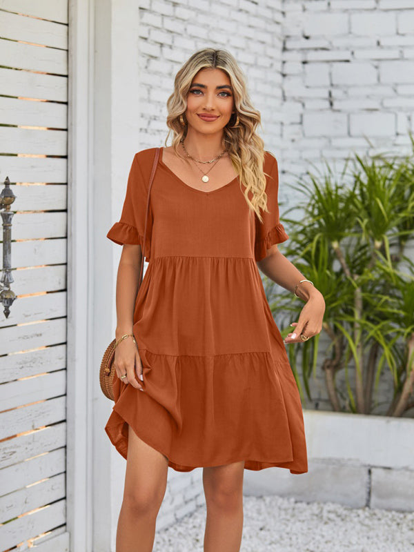 Summer V-Neck Babydoll Three Layer Pleated Dress kakaclo