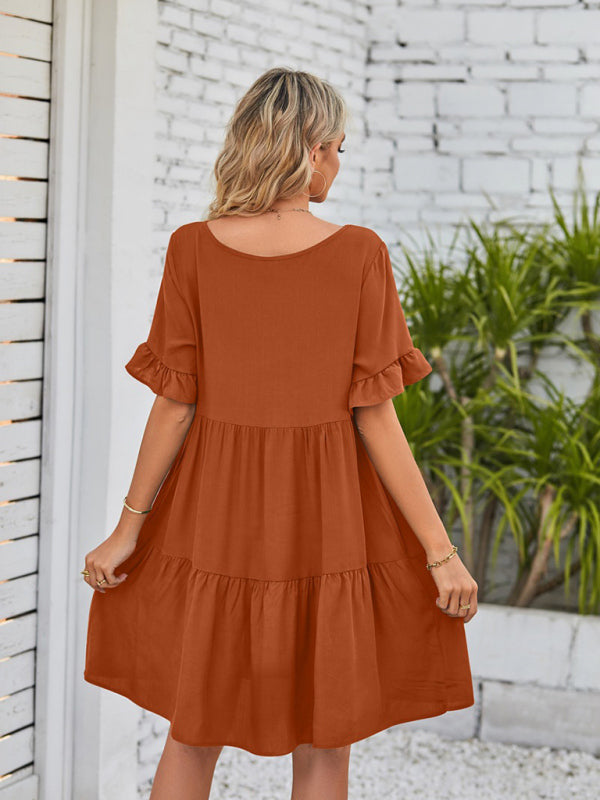 Summer V-Neck Babydoll Three Layer Pleated Dress kakaclo