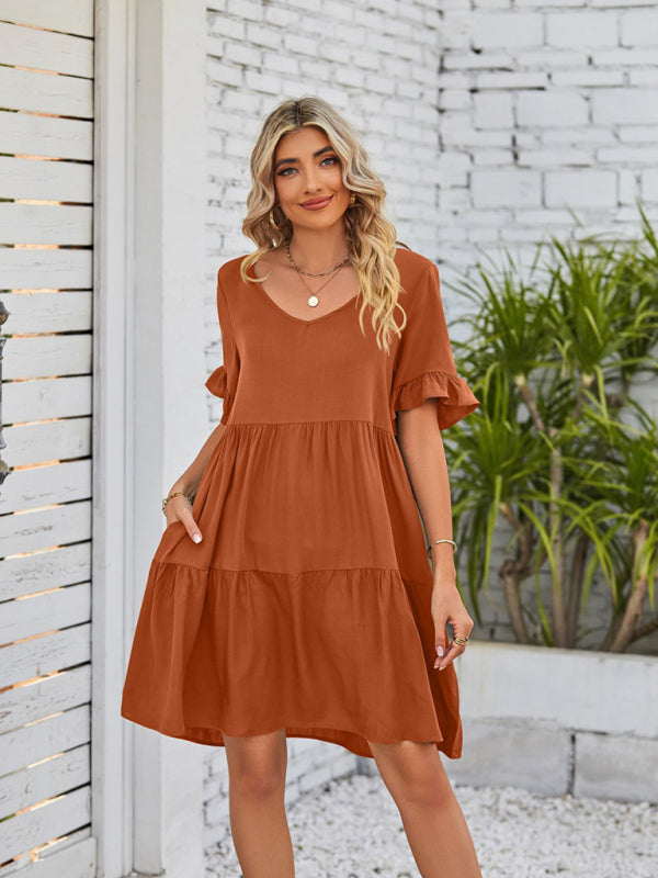 Summer V-Neck Babydoll Three Layer Pleated Dress kakaclo