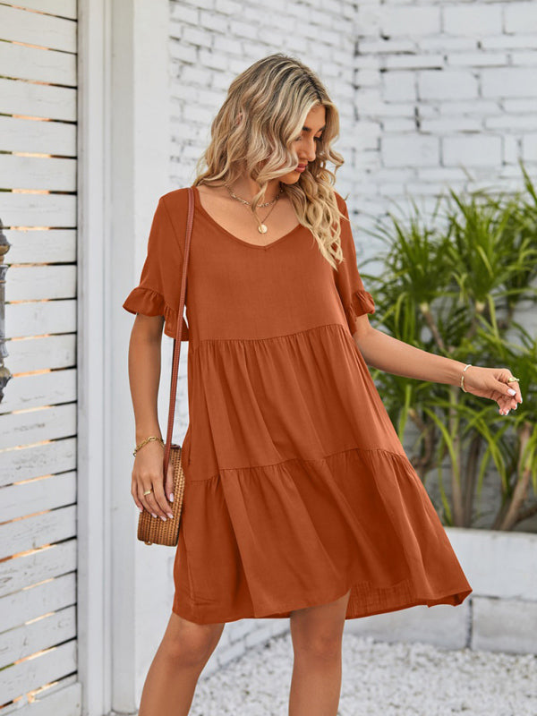 Summer V-Neck Babydoll Three Layer Pleated Dress kakaclo