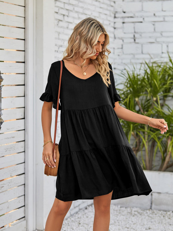 Summer V-Neck Babydoll Three Layer Pleated Dress kakaclo