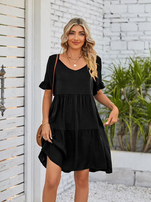 Summer V-Neck Babydoll Three Layer Pleated Dress kakaclo