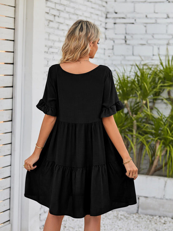Summer V-Neck Babydoll Three Layer Pleated Dress kakaclo