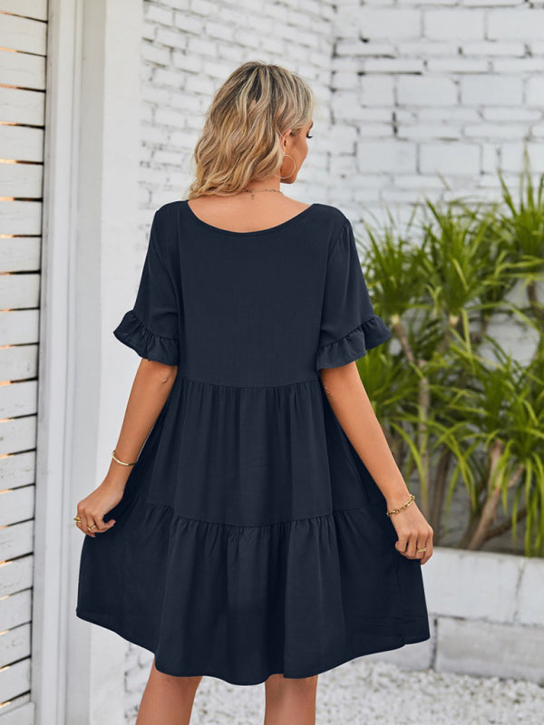 Summer V-Neck Babydoll Three Layer Pleated Dress kakaclo