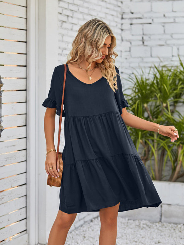 Summer V-Neck Babydoll Three Layer Pleated Dress kakaclo