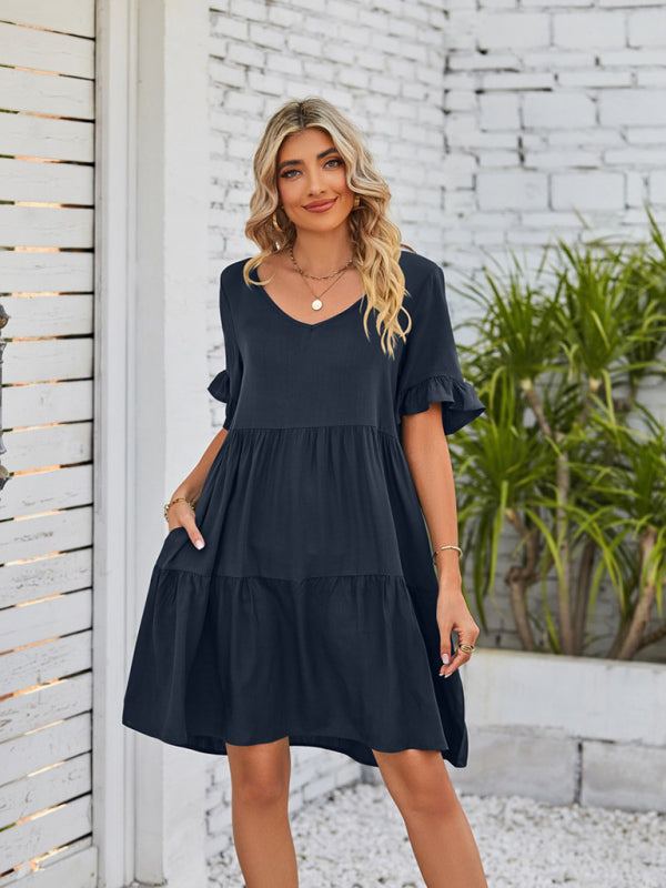 Summer V-Neck Babydoll Three Layer Pleated Dress kakaclo