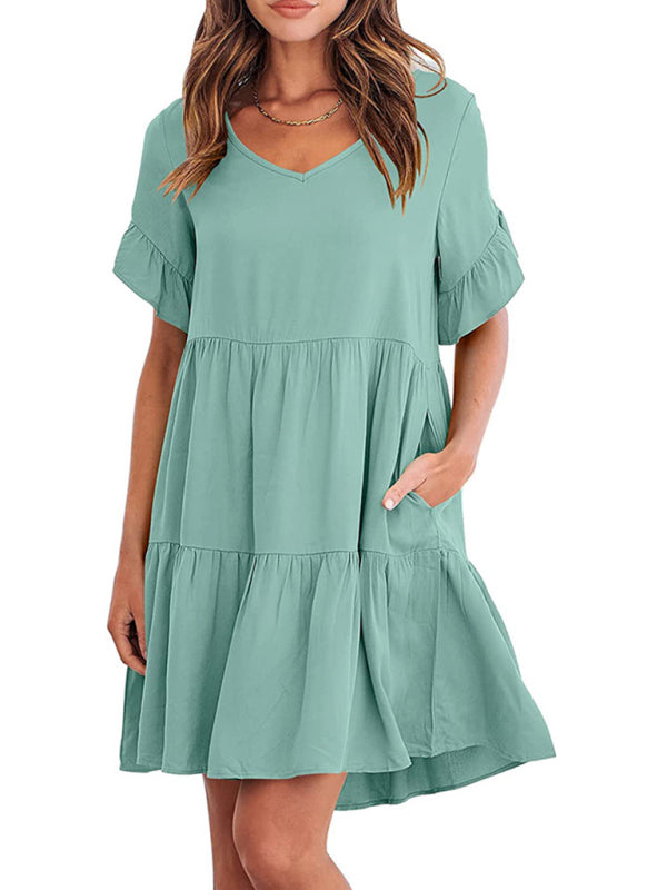 Summer V-Neck Babydoll Three Layer Pleated Dress kakaclo