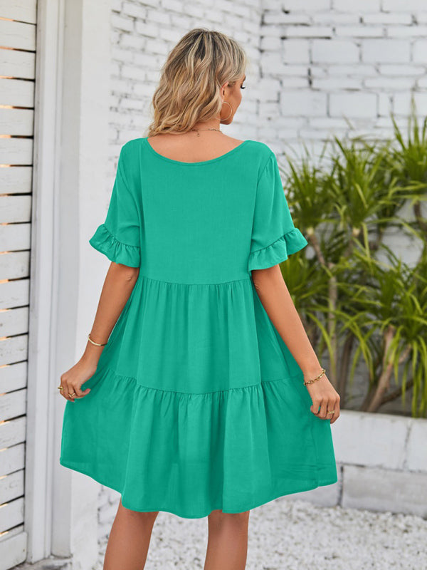 Summer V-Neck Babydoll Three Layer Pleated Dress kakaclo