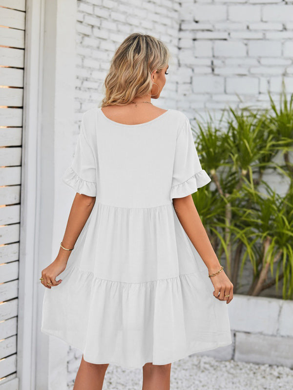 Summer V-Neck Babydoll Three Layer Pleated Dress kakaclo