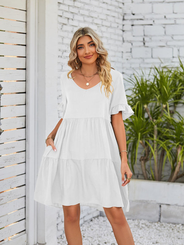 Summer V-Neck Babydoll Three Layer Pleated Dress kakaclo