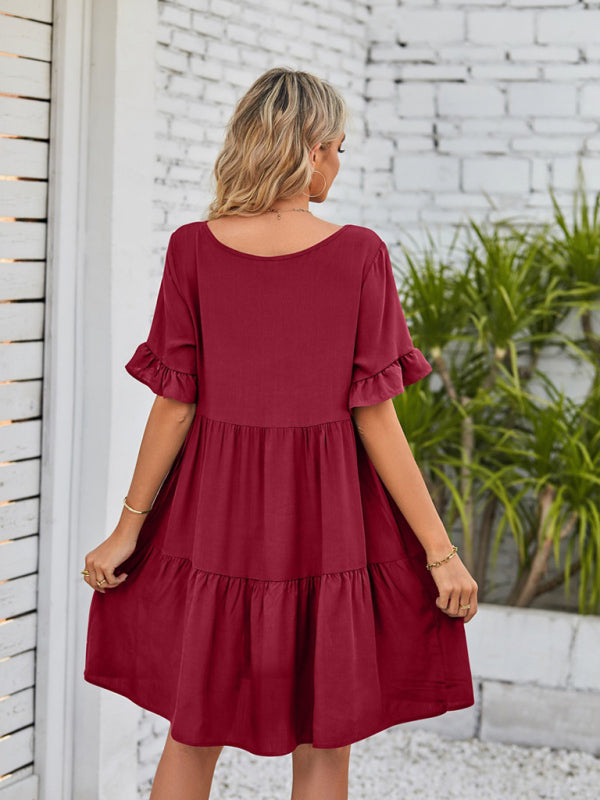 Summer V-Neck Babydoll Three Layer Pleated Dress kakaclo