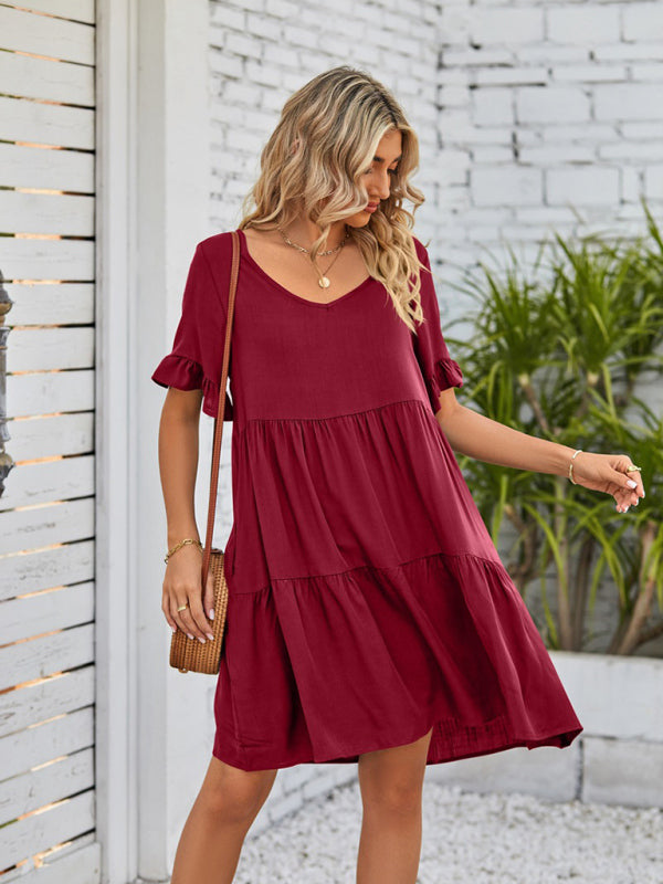 Summer V-Neck Babydoll Three Layer Pleated Dress kakaclo
