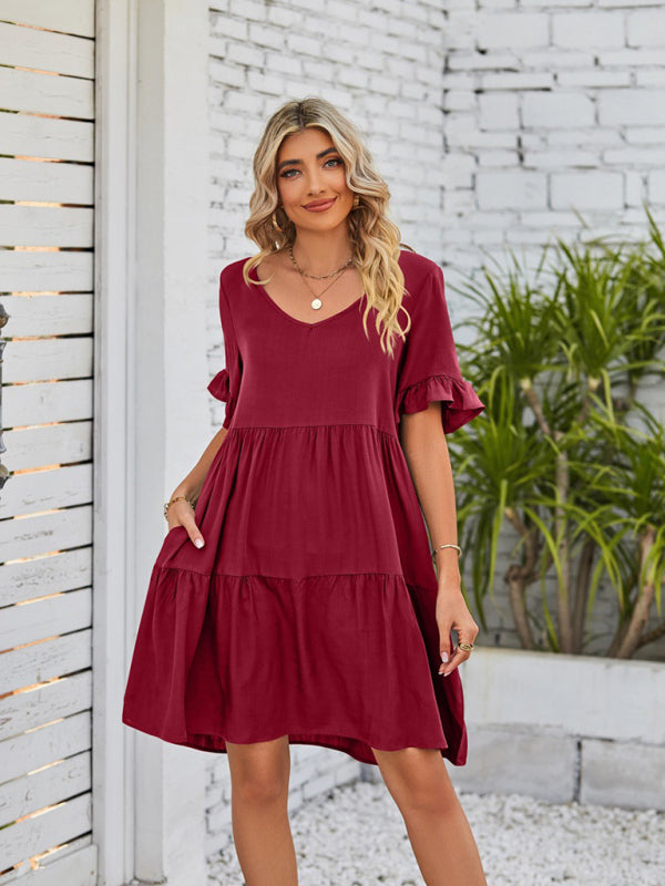 Summer V-Neck Babydoll Three Layer Pleated Dress kakaclo