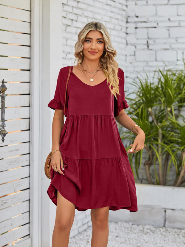 Summer V-Neck Babydoll Three Layer Pleated Dress kakaclo