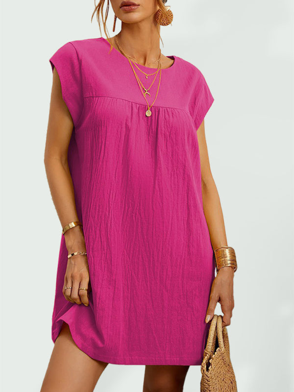 Blue Zone Planet |  Women's Woven Solid Color Cotton Linen Sleeveless Round Neck Dress kakaclo