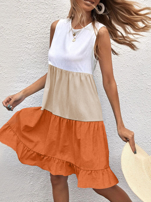 Blue Zone Planet | loose stitching contrast color ruffled sleeveless vest dress BLUE ZONE PLANET