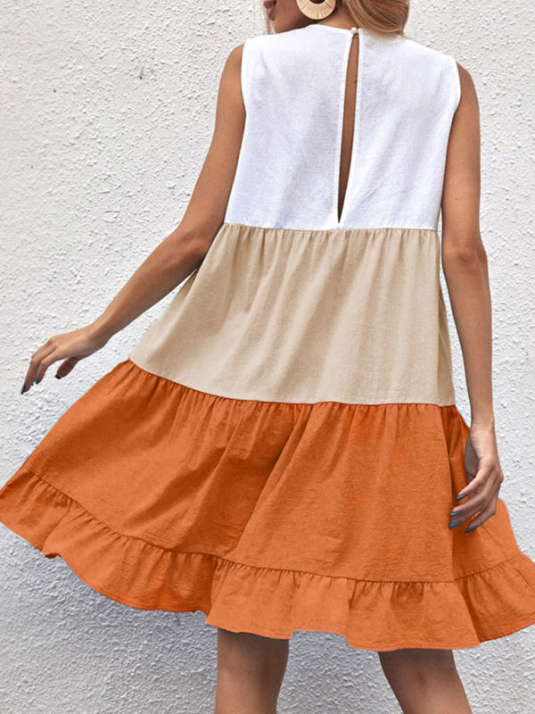 Blue Zone Planet | loose stitching contrast color ruffled sleeveless vest dress BLUE ZONE PLANET