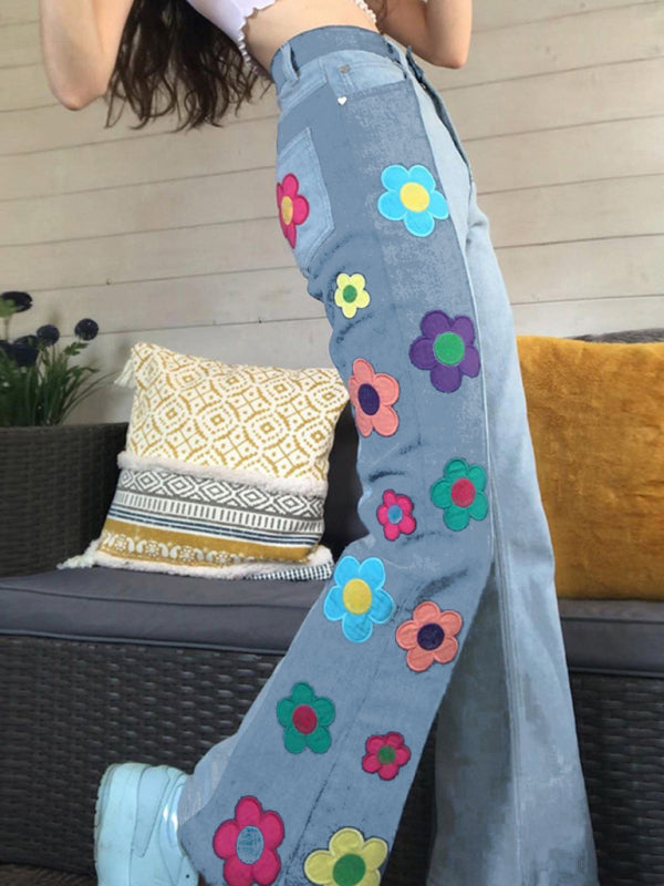 color matching side print high waist bootcut pants jeans BLUE ZONE PLANET