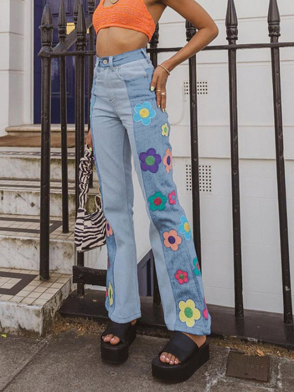 color matching side print high waist bootcut pants jeans BLUE ZONE PLANET