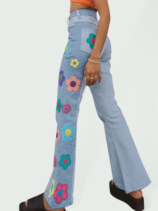 color matching side print high waist bootcut pants jeans BLUE ZONE PLANET