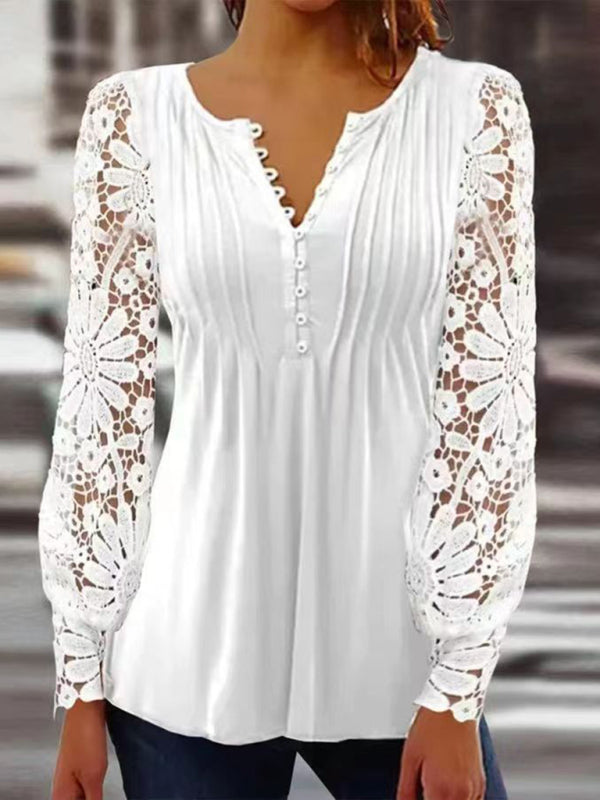 Blue Zone Planet | Fashion lace sleeves pleated solid color button t-shirt bottoming shirt kakaclo