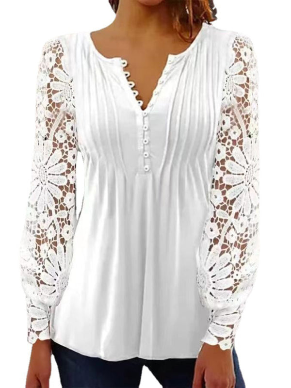 Blue Zone Planet | Fashion lace sleeves pleated solid color button t-shirt bottoming shirt kakaclo