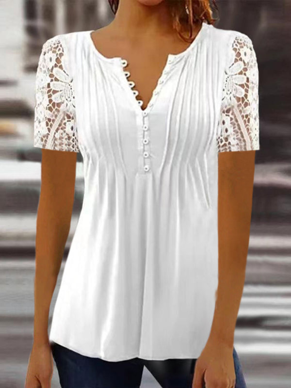 Blue Zone Planet | Fashion lace sleeves pleated solid color button t-shirt bottoming shirt kakaclo