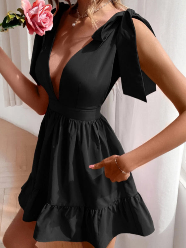 Blue Zone Planet | Solid Color Strap Shoulder Deep V Neck Ruffle Hem Dress BLUE ZONE PLANET