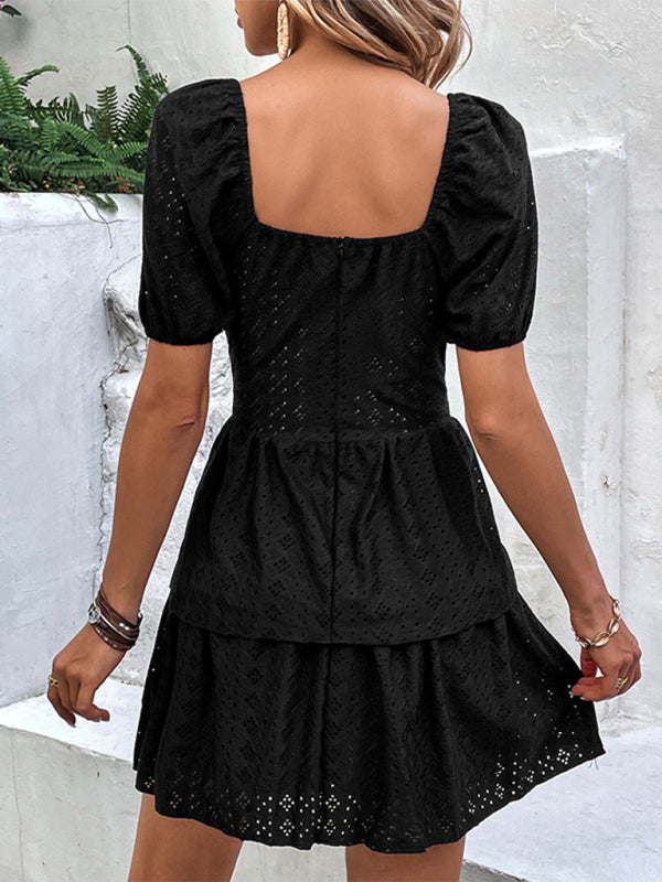 Blue Zone Planet | French Retro Solid Color Tunic Square Neck Puff Sleeves Layered Cake Dress kakaclo