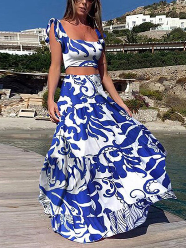 New two-piece suit fashion print big swing skirt suit BLUE ZONE PLANET