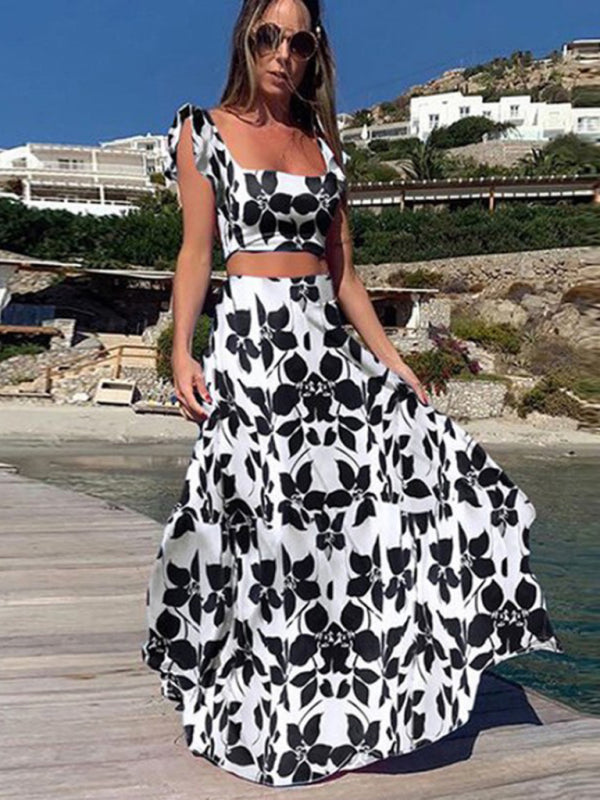 New two-piece suit fashion print big swing skirt suit BLUE ZONE PLANET