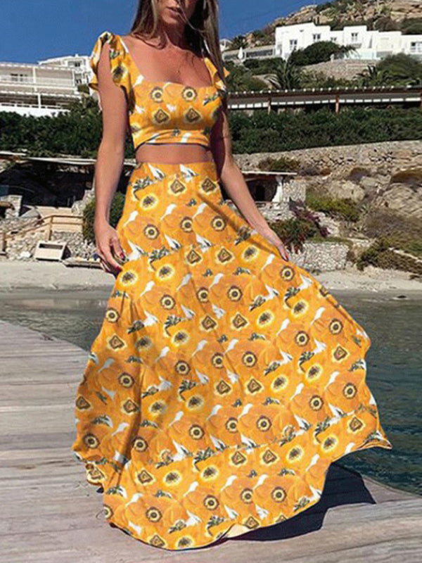 New two-piece suit fashion print big swing skirt suit BLUE ZONE PLANET