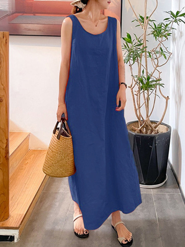 Blue Zone Planet | Cotton Linen Simple Style Loose Pocket Round Neck Temperament Sleeveless Dress BLUE ZONE PLANET